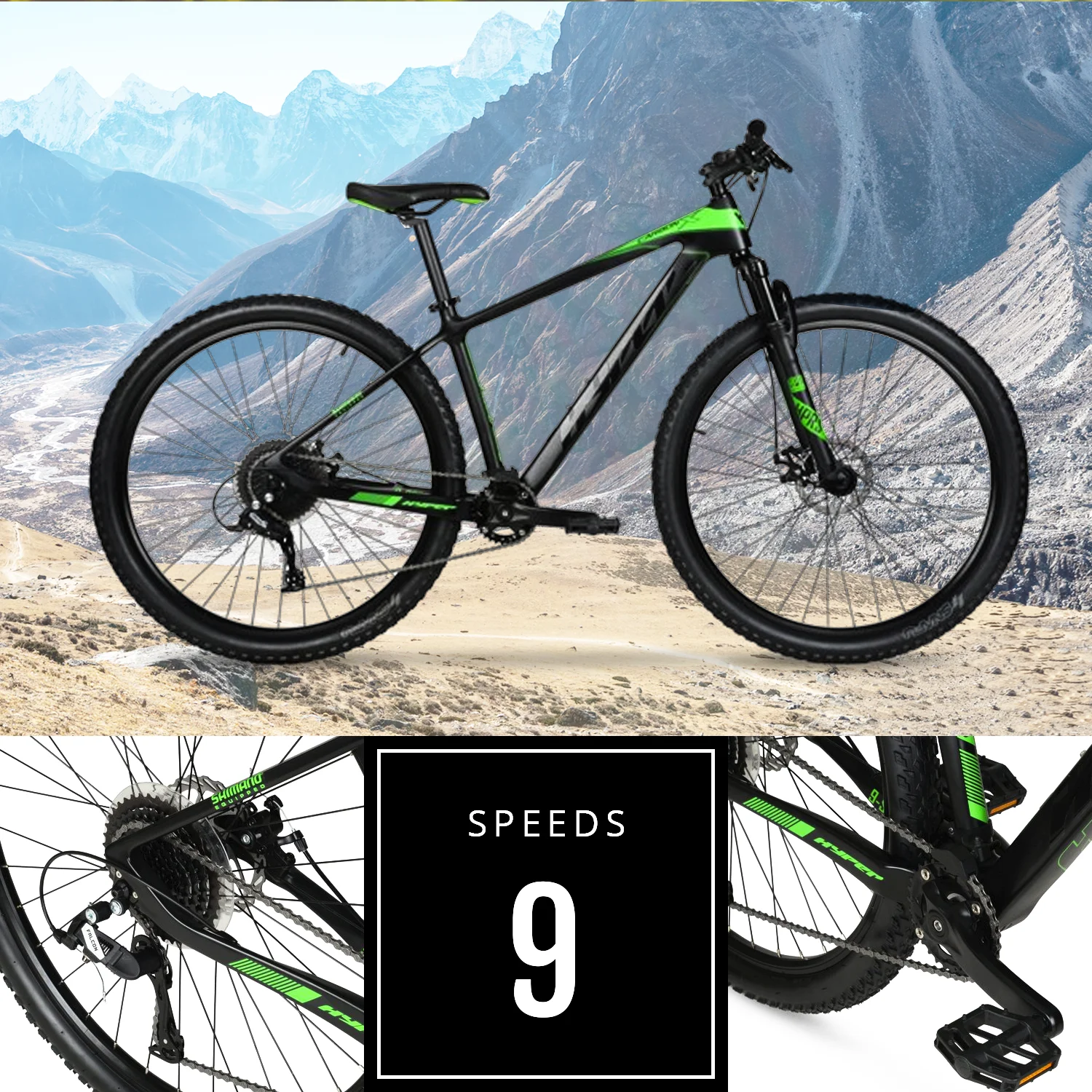 29″ Hyper Carbon Fiber Mountain Bike, Black/Green, Adults Age 13+